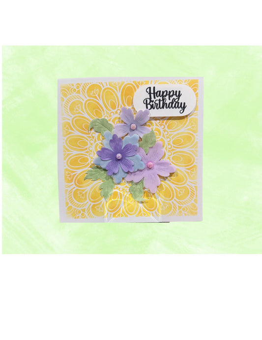 Happy Birthday Greeting Floral Card - Yellow Lace & Purple Flowers